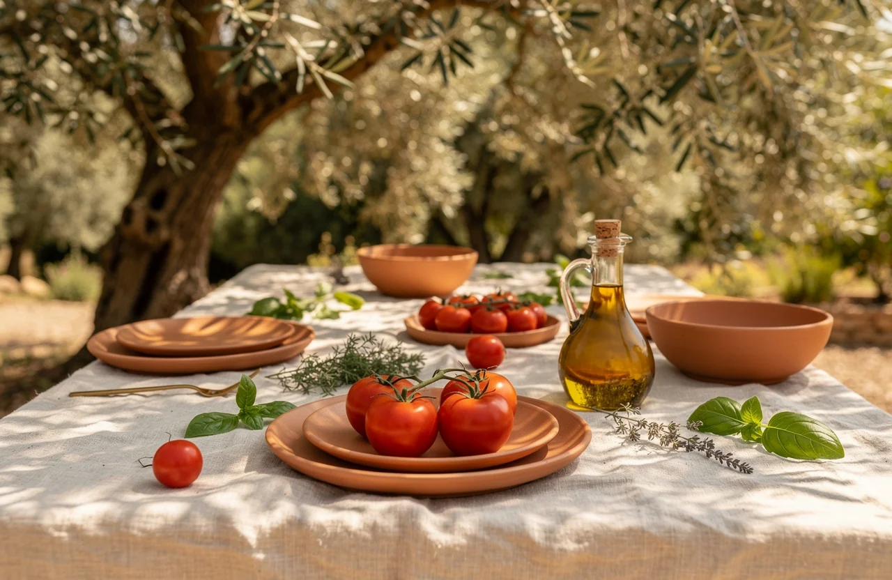Table dressée en plein air sous un olivier en Provence