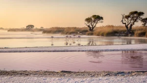 Paysage matinal hyper-réaliste des salins de Camargue au lever du soleil, inspirant la cuisine du riz