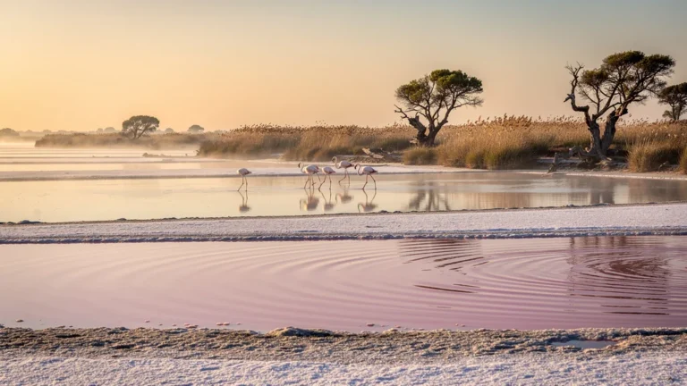 Paysage matinal hyper-réaliste des salins de Camargue au lever du soleil, inspirant la cuisine du riz