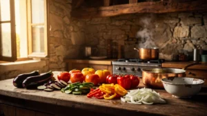 Cuisine rustique avec légumes frais coupés séparément pour une vraie ratatouille traditionnelle