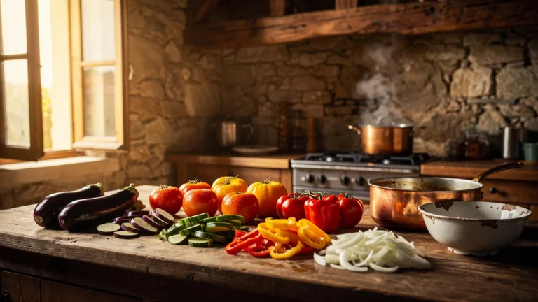 Cuisine rustique avec légumes frais coupés séparément pour une vraie ratatouille traditionnelle