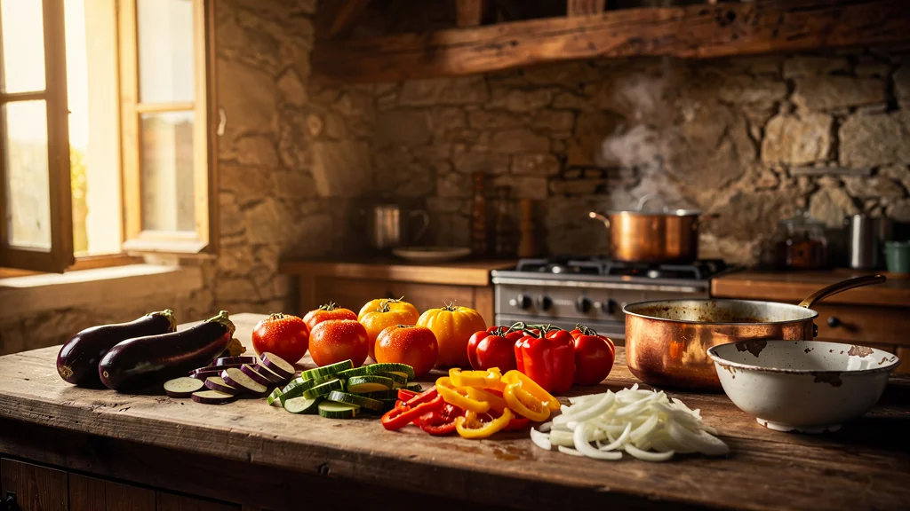 Cuisine rustique avec légumes frais coupés séparément pour une vraie ratatouille traditionnelle