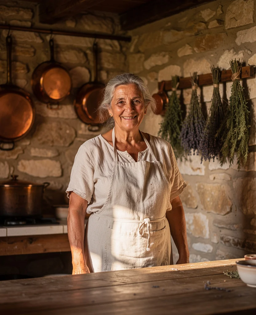 Cuisinière provençale dans sa cuisine de mas