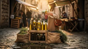 Scène ultra-réaliste d'un marché méditerranéen avec huile d'olive artisanale dorée à la sauvette