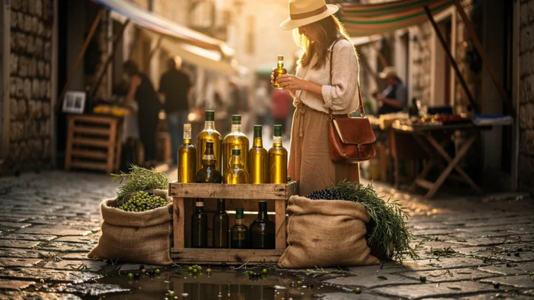 Scène ultra-réaliste d'un marché méditerranéen avec huile d'olive artisanale dorée à la sauvette