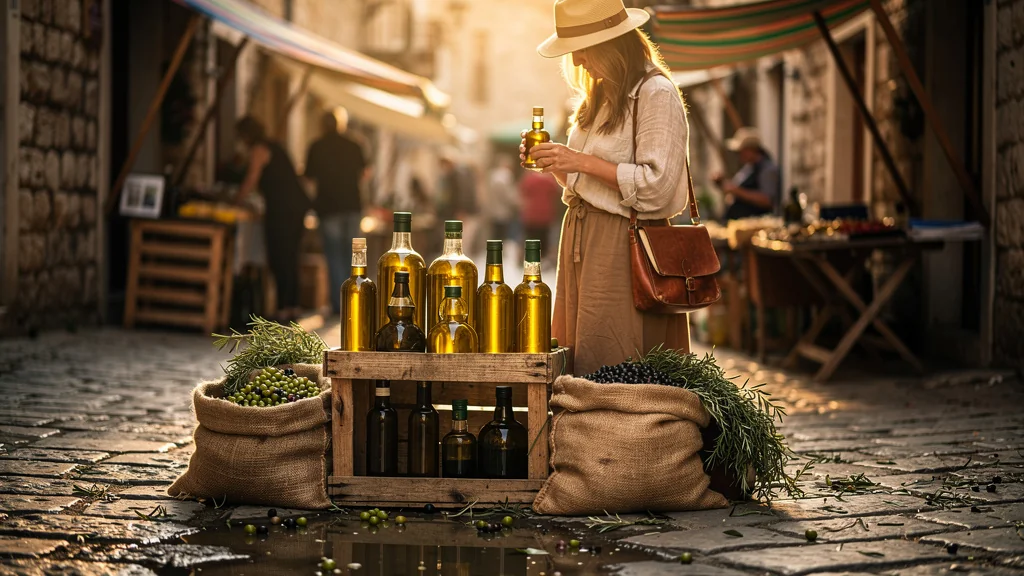Scène ultra-réaliste d'un marché méditerranéen avec huile d'olive artisanale dorée à la sauvette