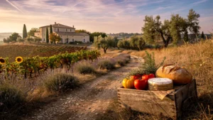 Paysage automnal du Lubéron ou arrière-pays gardois avec produits culinaires locaux hors saison