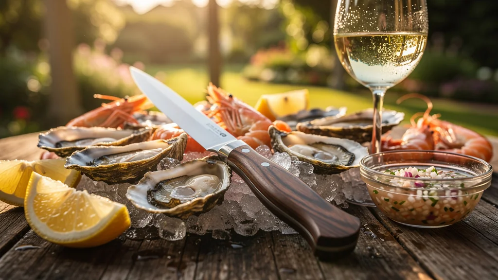 Couteau à huîtres élégant sur un plateau de fruits de mer d'été frais et appétissant
