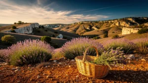 Collines des Alpilles en été avec thym sauvage cueilli et panier posé sur la terre sèche
