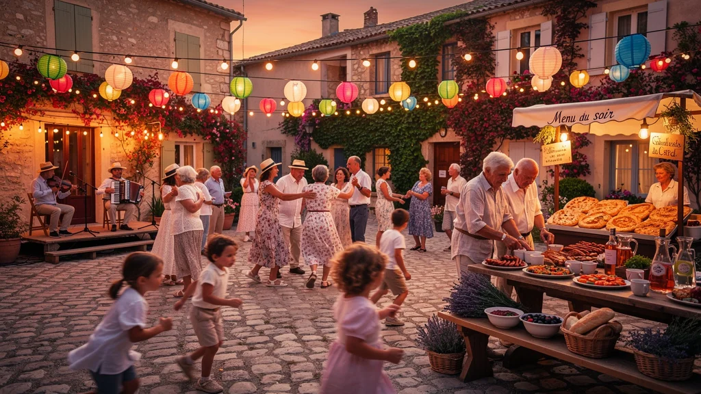 Fête votive traditionnelle dans un village gardois au coucher du soleil, ambiance provençale authentique