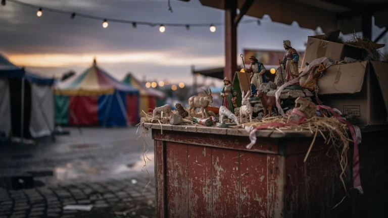 Marché abandonné avec santons cassés et objets rejetés, symbolisant un départ trop tardif de la foire