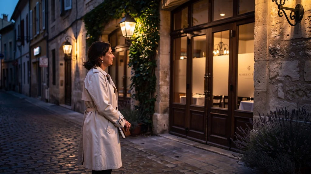 Femme de 41 ans devant les portes closes d’un restaurant gastronomique à Arles au crépuscule