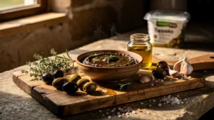 Plan rapproché d'une tapenade artisanale riche et brillante sur un plan de travail en bois rustique