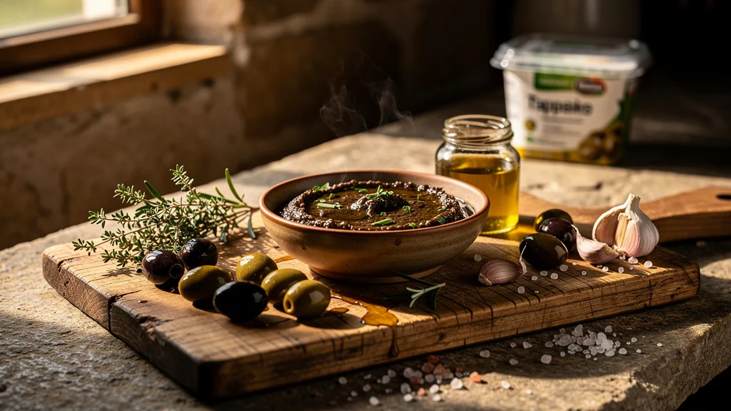 Plan rapproché d'une tapenade artisanale riche et brillante sur un plan de travail en bois rustique