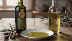 Comparaison réaliste entre huile d'olive AOP et premiers prix sur table en bois rustique avec olives fraîches