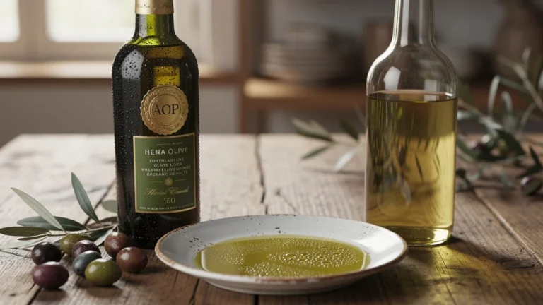 Comparaison réaliste entre huile d'olive AOP et premiers prix sur table en bois rustique avec olives fraîches
