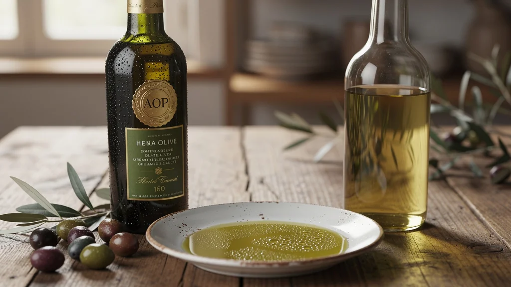 Comparaison réaliste entre huile d'olive AOP et premiers prix sur table en bois rustique avec olives fraîches