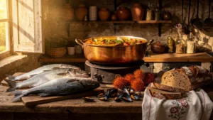 Cuisine provençale authentique avec bouillabaisse traditionnelle et ingrédients frais dans une cuisine rustique