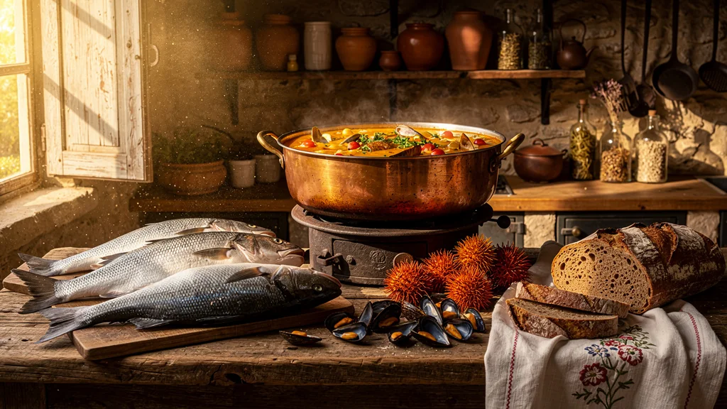 Cuisine provençale authentique avec bouillabaisse traditionnelle et ingrédients frais dans une cuisine rustique