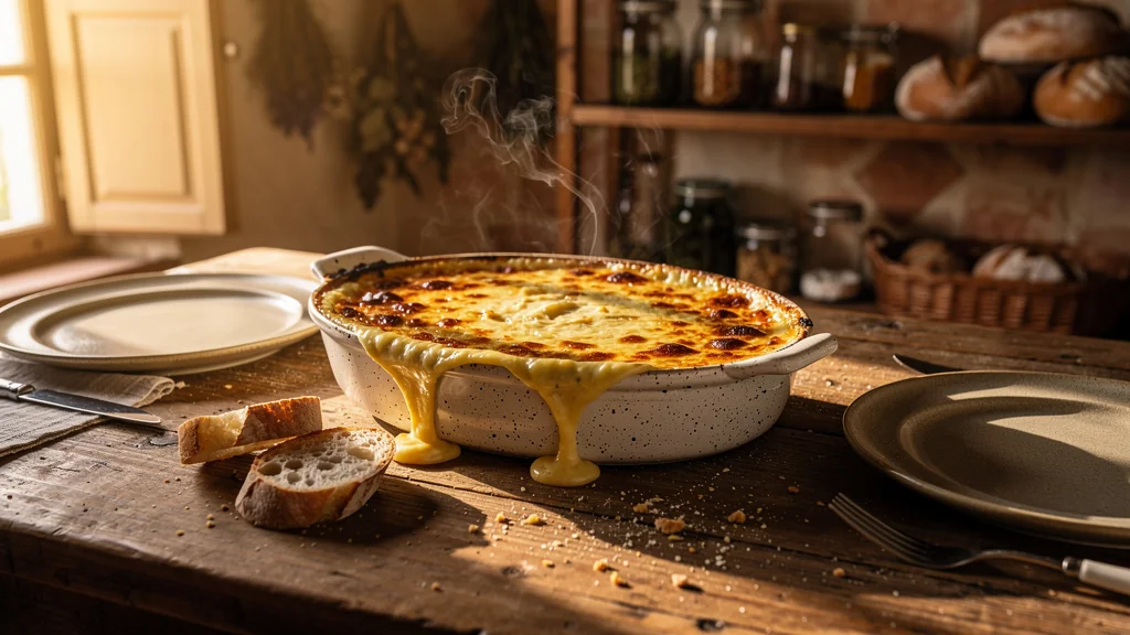 Gratin de tomme d'Arles fondue sur table rustique, plat chaud et doré au centre de la scène