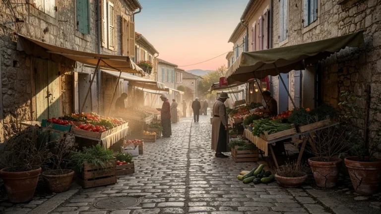 Marché provençal authentique au petit matin, ambiance rustique loin des clichés de carte postale