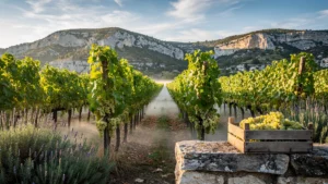 Vignoble gardois au coucher du soleil mettant en valeur les vins blancs du terroir face au rosé de Provence
