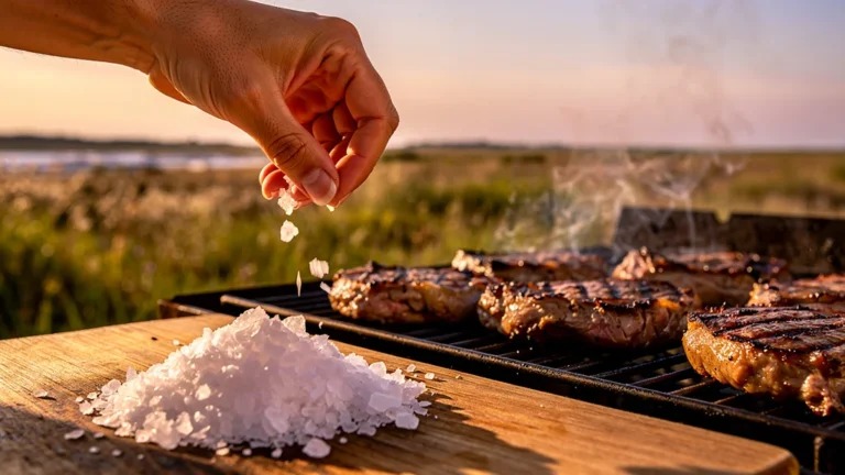 Cristaux de fleur de sel de Camargue sur planche en bois avec grillades parfaitement saisies en extérieur