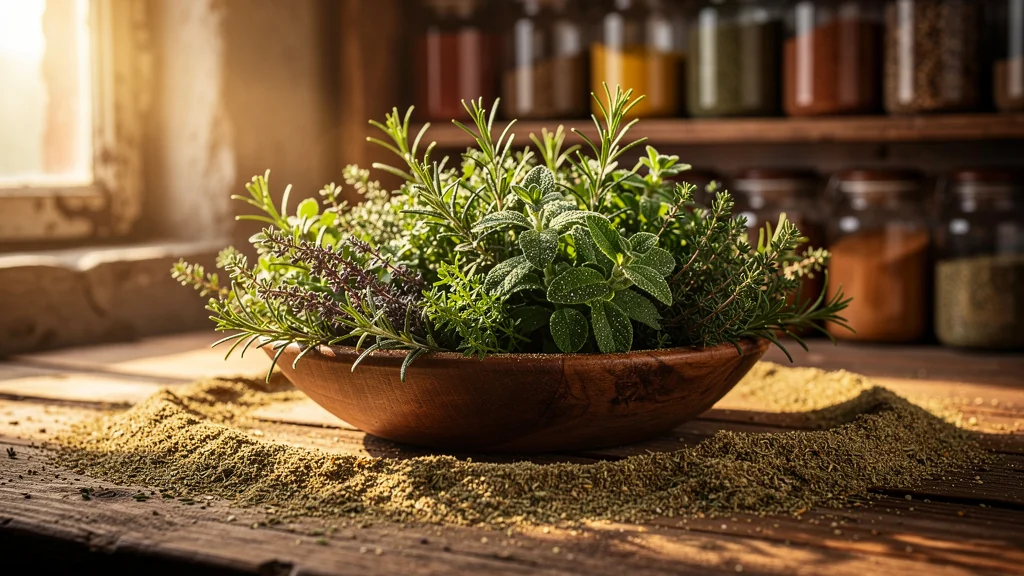 Herbes de Provence fraîches éclatantes sur un vieux mélange sec écrasé, cuisine rustique lumineuse