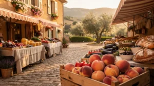 Marché du dimanche provençal authentique avec étals colorés et ambiance chaleureuse en plein air