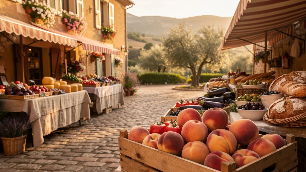 Marché du dimanche provençal authentique avec étals colorés et ambiance chaleureuse en plein air