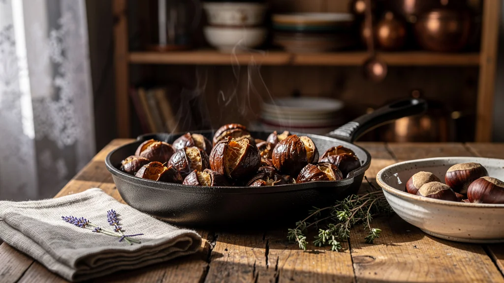 Poêlon rustique avec marrons des Cévennes parfaitement grillés dans une cuisine traditionnelle française