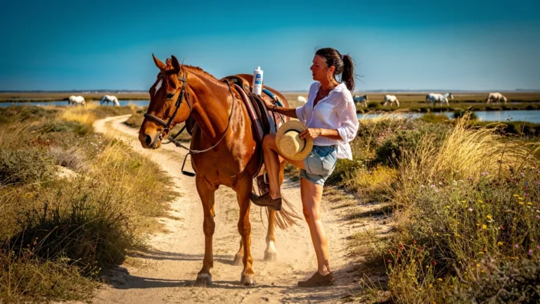 Femme en balade à cheval aux Saintes-Maries-de-la-Mer, sunburned après avoir oublié la crème solaire