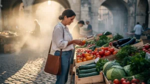 Marché d'Arles à l'aube avec légumes frais colorés, femme choisissant ses légumes autrement