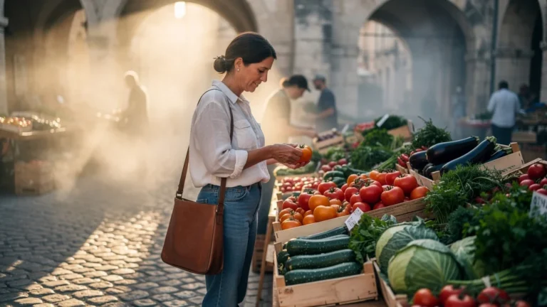 Marché d'Arles à l'aube avec légumes frais colorés, femme choisissant ses légumes autrement