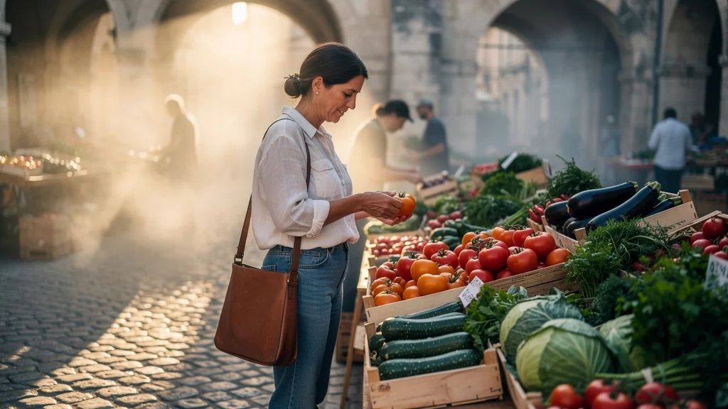 Marché d'Arles à l'aube avec légumes frais colorés, femme choisissant ses légumes autrement