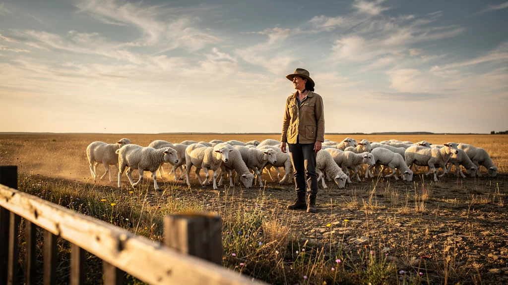 Paysage hyperréaliste de la transhumance en Crau avec un troupeau d'agneaux sous une lumière dorée