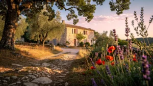 Chemin ensoleillé dans le Lubéron avec fleurs sauvages et maison en pierre, illustrant un guide pressé