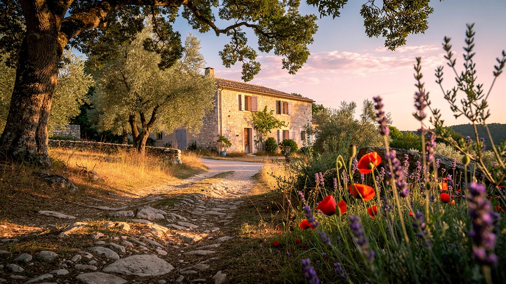 Chemin ensoleillé dans le Lubéron avec fleurs sauvages et maison en pierre, illustrant un guide pressé