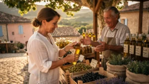 Producteur d'huile d'olive du Lubéron avec une femme découvrant une bouteille artisanale dans un marché provençal