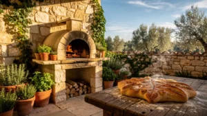 Four à pain traditionnel de mas avec fougasse dorée et ambiance provençale ensoleillée et authentique